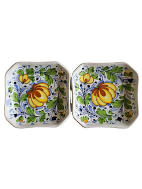 Set of 2 Vintage Italian Majolica Square Plates Hand Painted Floral Italy 6"
